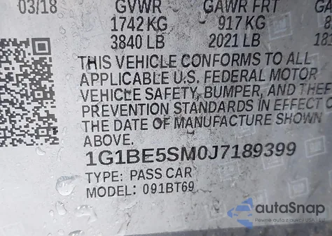 2018 Chevrolet Cruze Lt Auto z USA, uszkodzony, nr VIN 1G1BE5SM0J7189399